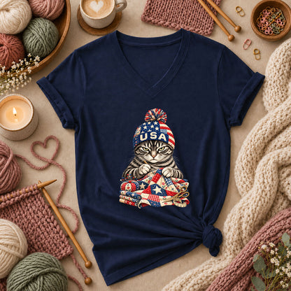 USA Beanie Cat Quilting Patriotic Women's V-Neck - Navy