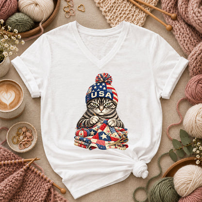 USA Beanie Cat Quilting Patriotic Women's V-Neck - White