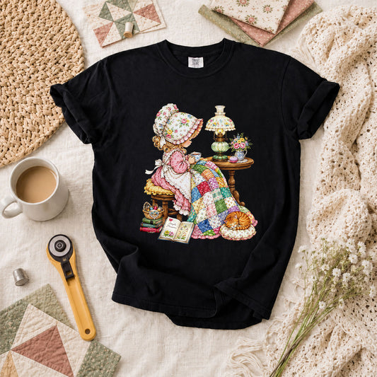Vintage Girl Quilt Bonnet Simple Pleasures Cat T-Shirt - Black