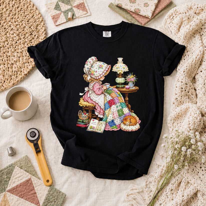 Vintage Girl Quilt Bonnet Simple Pleasures Cat T-Shirt - Black