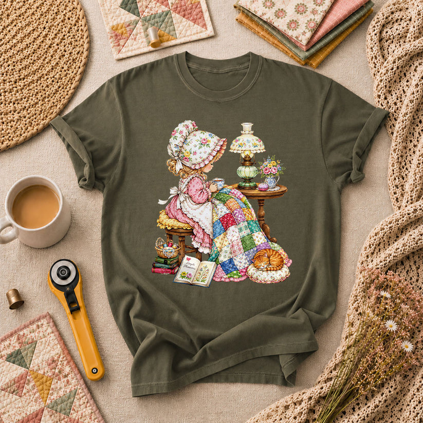 Vintage Girl Quilt Bonnet Simple Pleasures Cat T-Shirt - Military Green