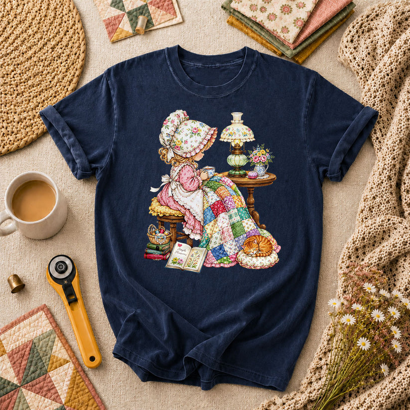 Vintage Girl Quilt Bonnet Simple Pleasures Cat T-Shirt - Navy