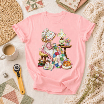 Vintage Girl Quilt Bonnet Simple Pleasures Cat T-Shirt - Pink