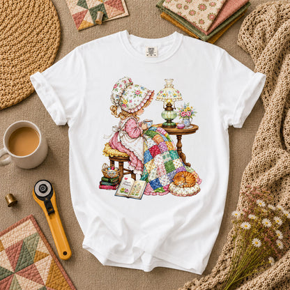 Vintage Girl Quilt Bonnet Simple Pleasures Cat T-Shirt - White