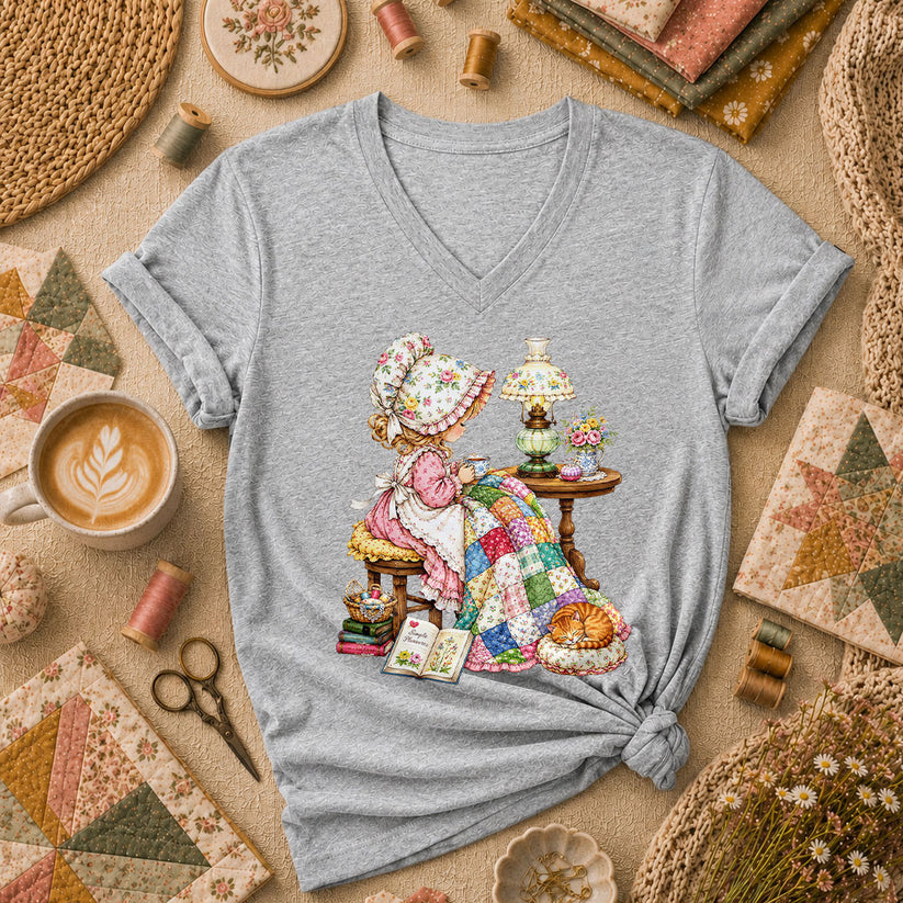 Vintage Girl Quilt Bonnet Simple Pleasures Cat Women's V-Neck - Athletic Heather