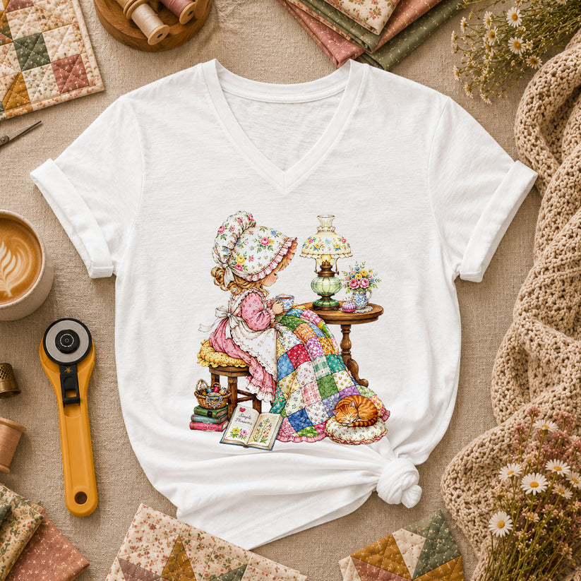 Vintage Girl Quilt Bonnet Simple Pleasures Cat Women's V-Neck - White
