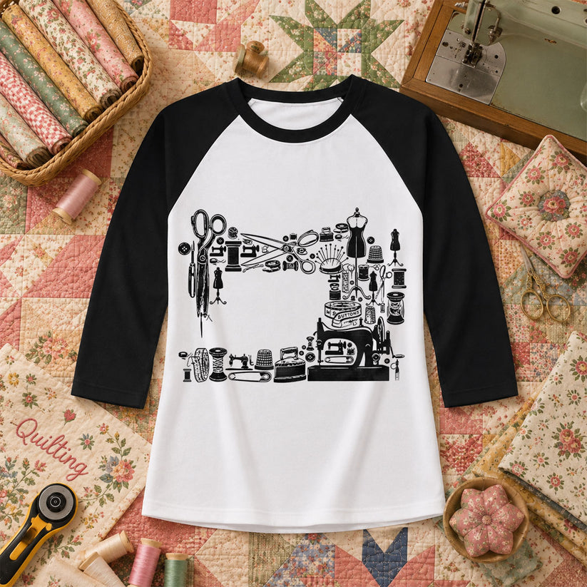 Vintage Sewing Machine Collage Raglan Sleeve - Black