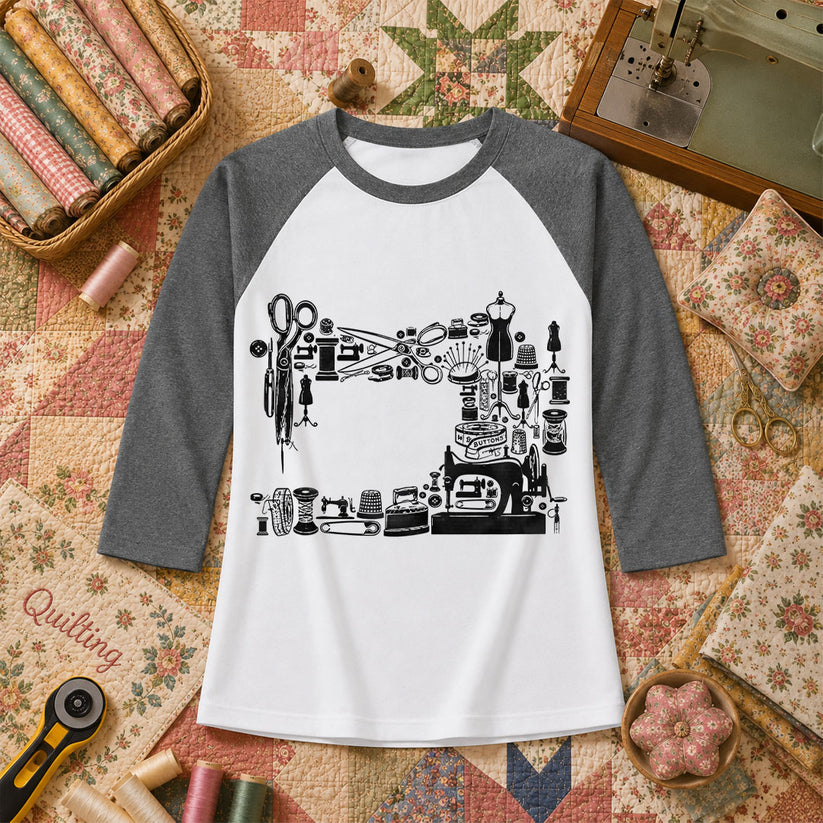 Vintage Sewing Machine Collage Raglan Sleeve - Deep Heather