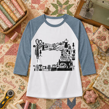 Vintage Sewing Machine Collage Raglan Sleeve - Denim