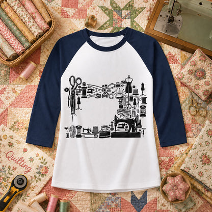 Vintage Sewing Machine Collage Raglan Sleeve - Navy