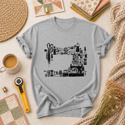 Vintage Sewing Machine Collage T-Shirt - Athletic Heather