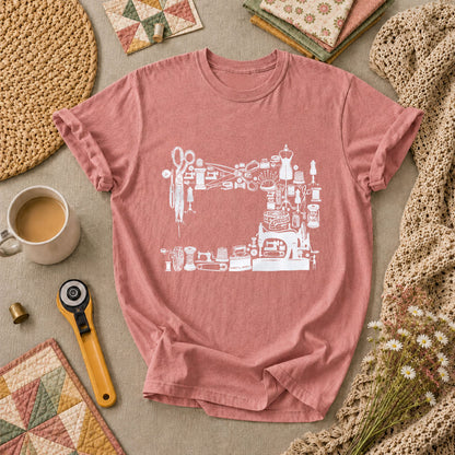 Vintage Sewing Machine Collage T-Shirt - Heather Mauve