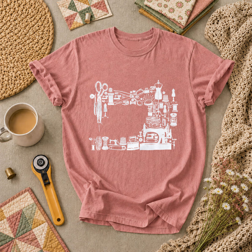 Vintage Sewing Machine Collage T-Shirt - Heather Mauve