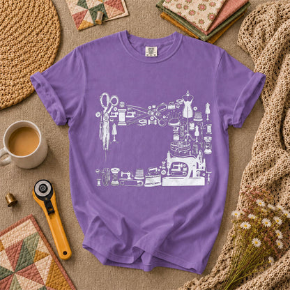 Vintage Sewing Machine Collage T-Shirt - Heather Team Purple