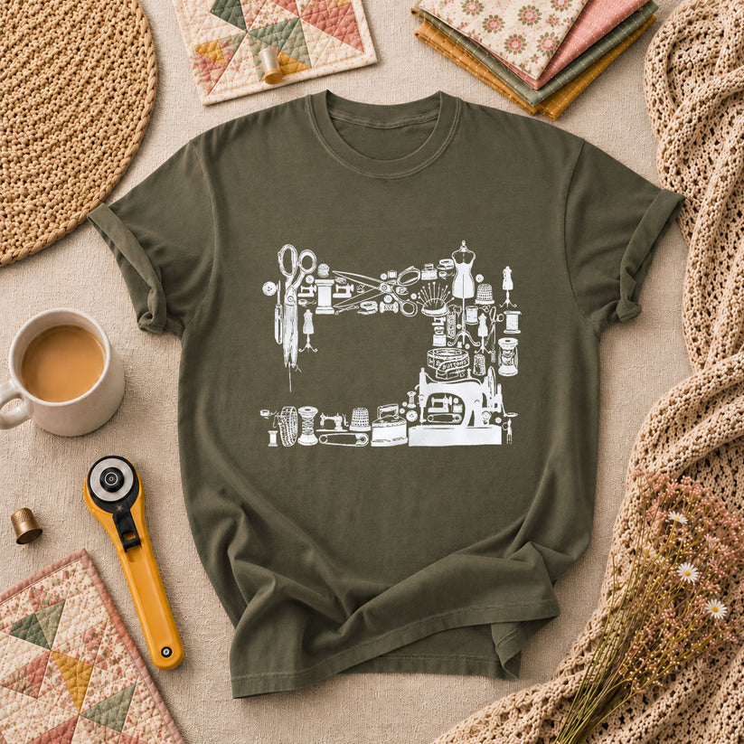 Vintage Sewing Machine Collage T-Shirt - Military Green
