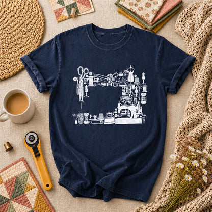 Vintage Sewing Machine Collage T-Shirt - Navy