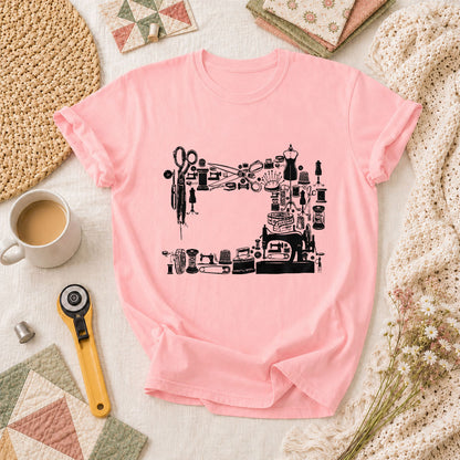 Vintage Sewing Machine Collage T-Shirt - Pink