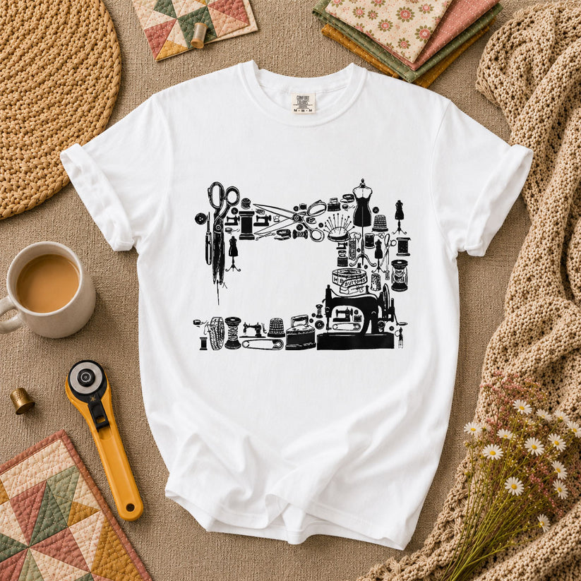 Vintage Sewing Machine Collage T-Shirt - White