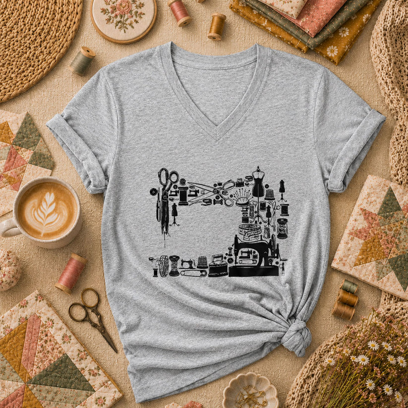 Vintage Sewing Machine Collage Women's V-Neck - Athletic Heather