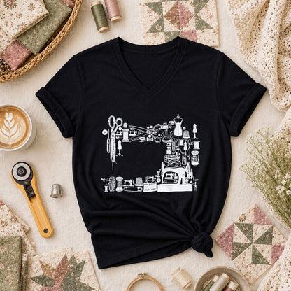 Vintage Sewing Machine Collage Women's V-Neck - Black