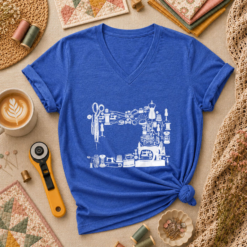 Vintage Sewing Machine Collage Women's V-Neck - Heather True Royal