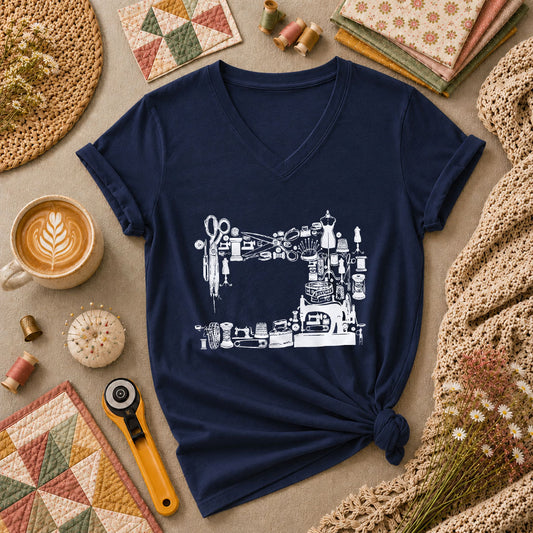 Vintage Sewing Machine Collage Women's V-Neck - Navy