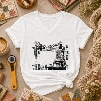 Vintage Sewing Machine Collage Women's V-Neck - White