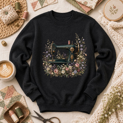 Vintage Sewing Machine Floral Long Sleeve - Black