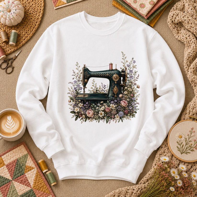 Vintage Sewing Machine Floral Long Sleeve - White