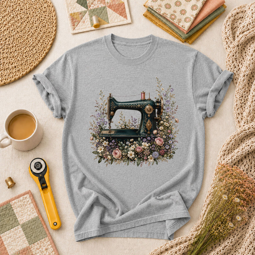 Vintage Sewing Machine Floral T-Shirt - Athletic Heather