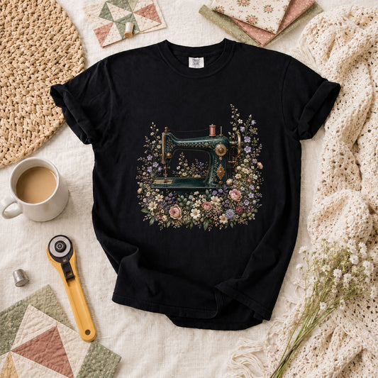 Vintage Sewing Machine Floral T-Shirt - Black