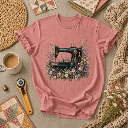 Vintage Sewing Machine Floral T-Shirt - Heather Mauve
