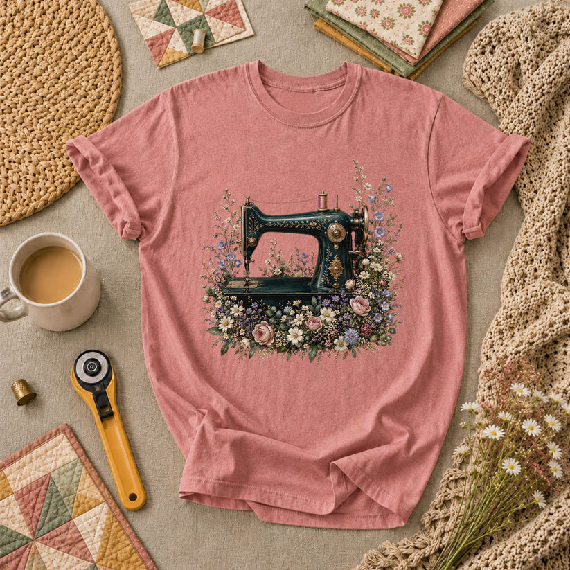 Vintage Sewing Machine Floral T-Shirt - Heather Mauve