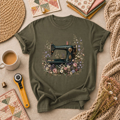 Vintage Sewing Machine Floral T-Shirt - Military Green