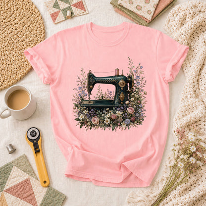 Vintage Sewing Machine Floral T-Shirt - Pink