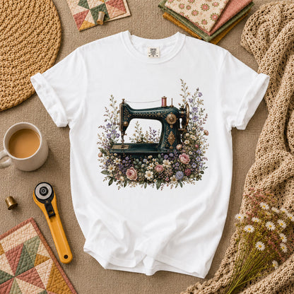 Vintage Sewing Machine Floral T-Shirt - White