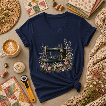 Vintage Sewing Machine Floral Women's V-Neck - Navy