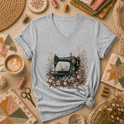 Vintage Sewing Machine Floral Women's V-Neck - Sport Grey