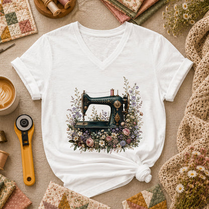 Vintage Sewing Machine Floral Women's V-Neck - White