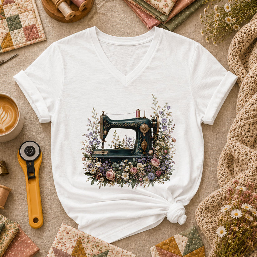 Vintage Sewing Machine Floral Women's V-Neck - White