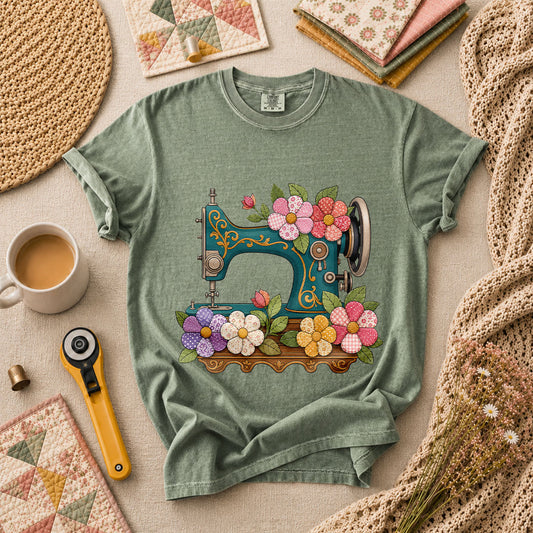 Vintage Sewing Machine Patchwork Floral T-Shirt - Forest Green