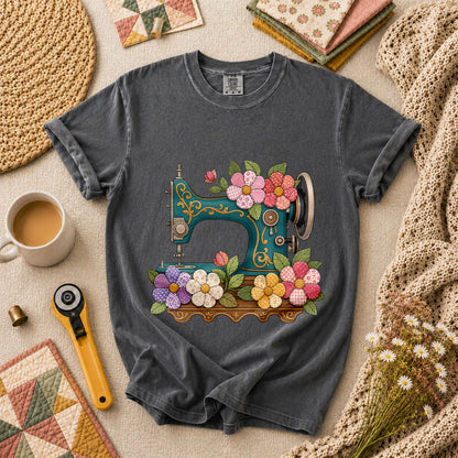 Vintage Sewing Machine Patchwork Floral T-Shirt - Grey