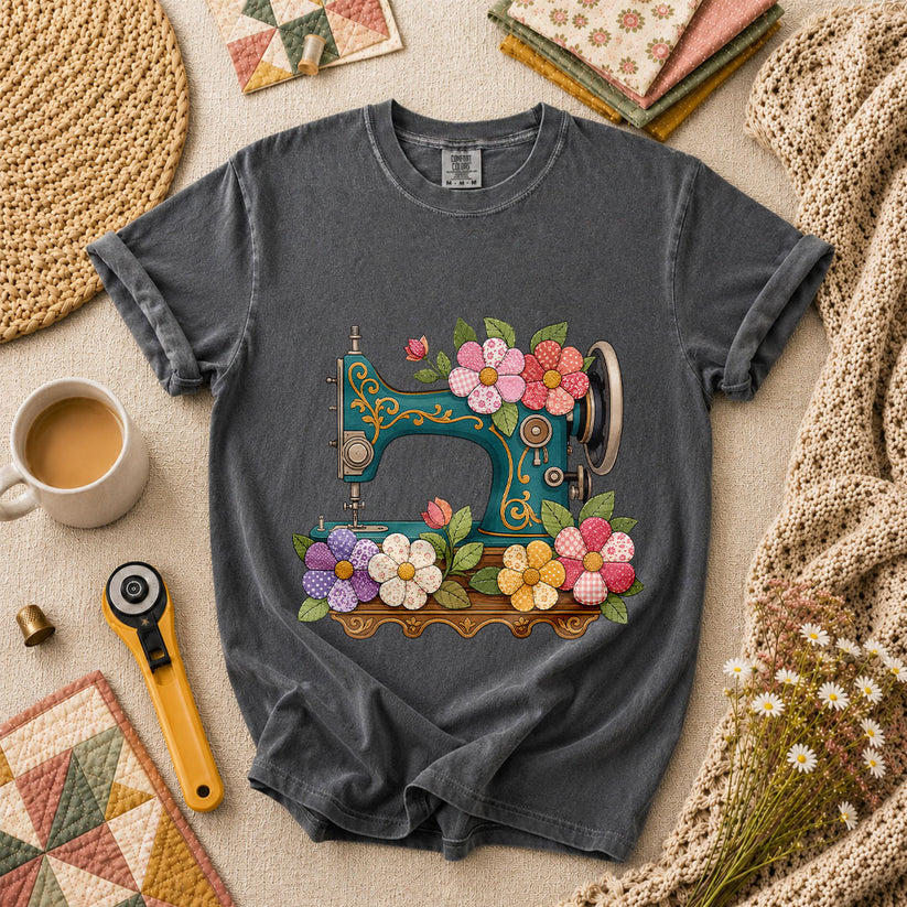 Vintage Sewing Machine Patchwork Floral T-Shirt - Grey