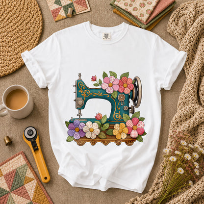 Vintage Sewing Machine Patchwork Floral T-Shirt - White