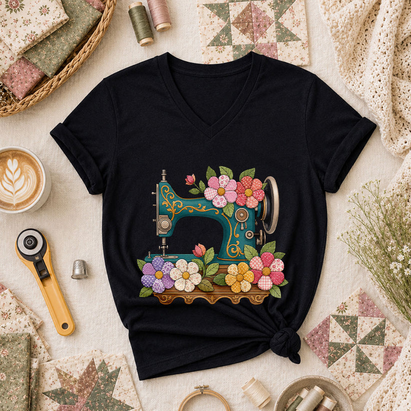 Vintage Sewing Machine Patchwork Floral Women's V-Neck - Black