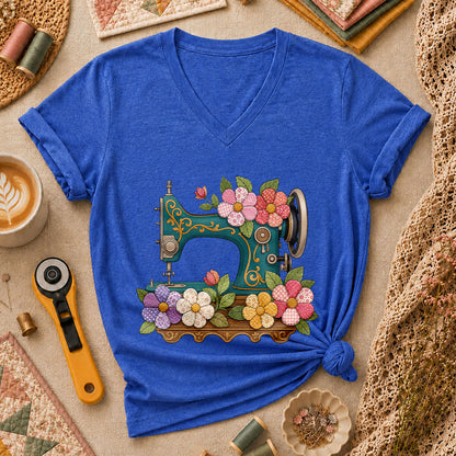 Vintage Sewing Machine Patchwork Floral Women's V-Neck - Heather True Royal