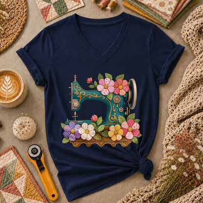 Vintage Sewing Machine Patchwork Floral Women's V-Neck - Navy