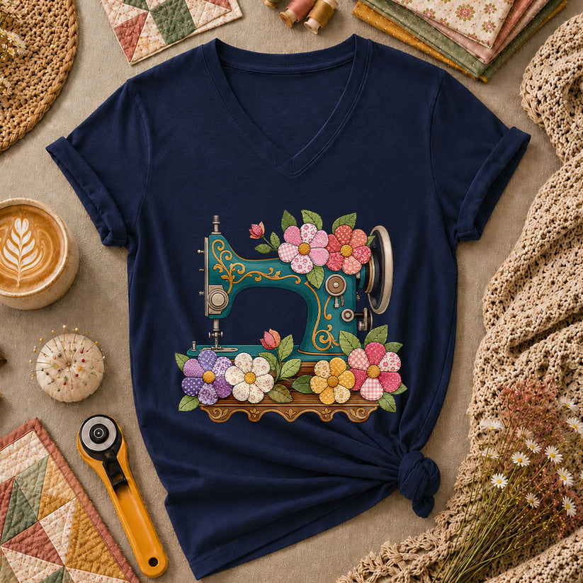 Vintage Sewing Machine Patchwork Floral Women's V-Neck - Navy