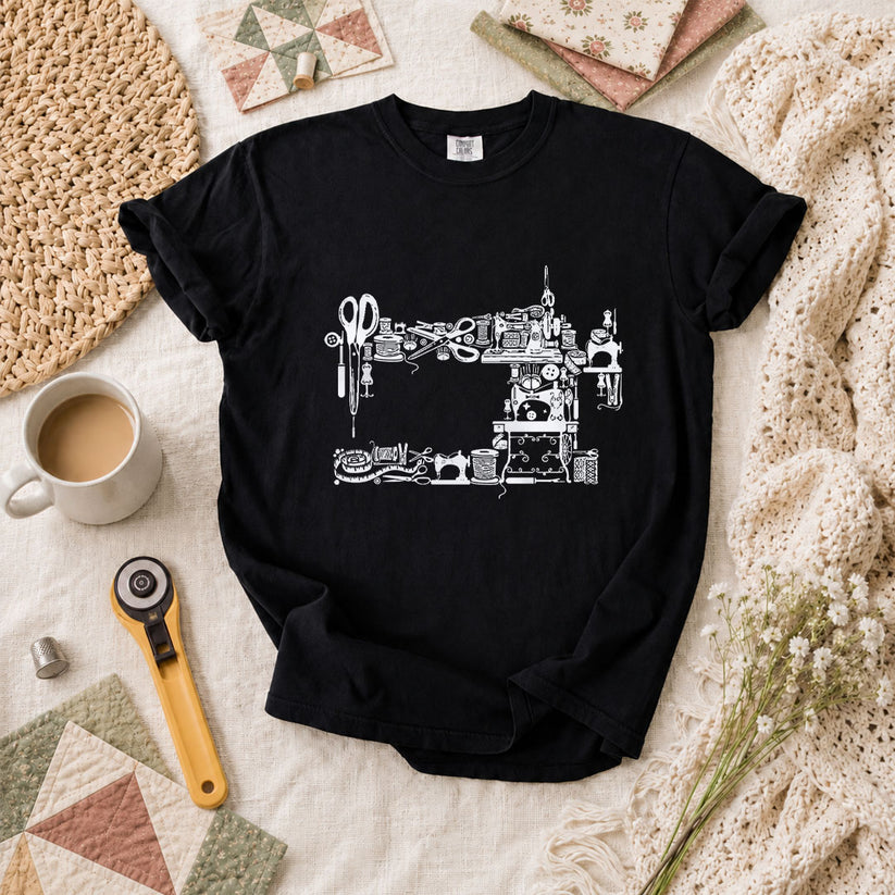 Vintage Sewing Machine Silhouette Sewing Supplies T-Shirt - Black