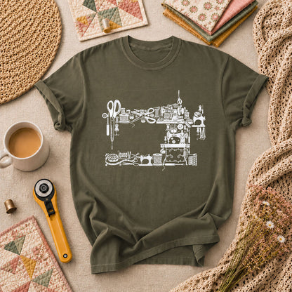 Vintage Sewing Machine Silhouette Sewing Supplies T-Shirt - Military Green